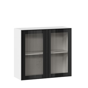 Кухонный навесной шкаф со стеклом 800 Индиго ЛД 298.360.000.023, Белый/Чёрный в Смоленске - предосмотр