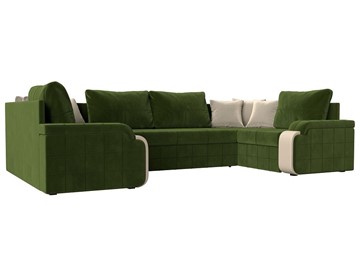 Большой П-образный диван Николь, Зеленый/Бежевый/Бежевый (микровельвет/экокожа) в Смоленске